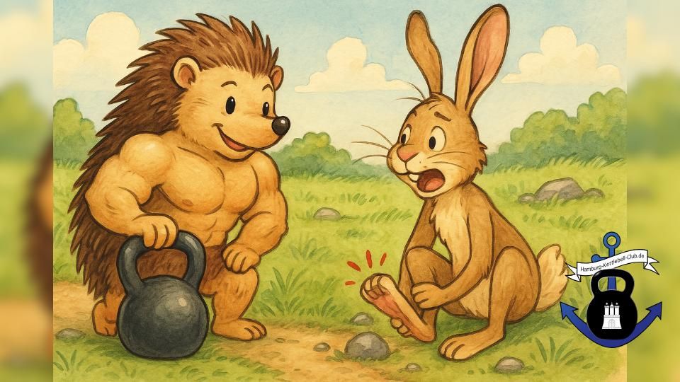 Ein muskulöser Cartoon-Igel hält eine Kettlebell und lächelt einem überraschten Kaninchen zu, das seinen verletzten Fuß pflegt. Die Szene spielt im Freien zwischen Gras und Felsen und zeigt in der Ecke das Logo des Trainingstempo – Hamburg-Kettlebell-Clubs.